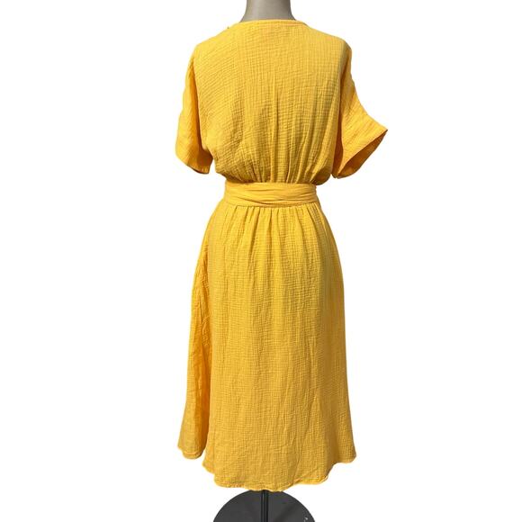 Marine Layer Midi Wrap Dress Valencia Cotton Short Sleeve Golden Yellow size XS - Picture 6 of 8